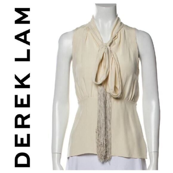 Derek Lam Cream Silk Sleeveless Fringe Tie Blouse Top Size 4 IT 40 - Picture 1 of 13
